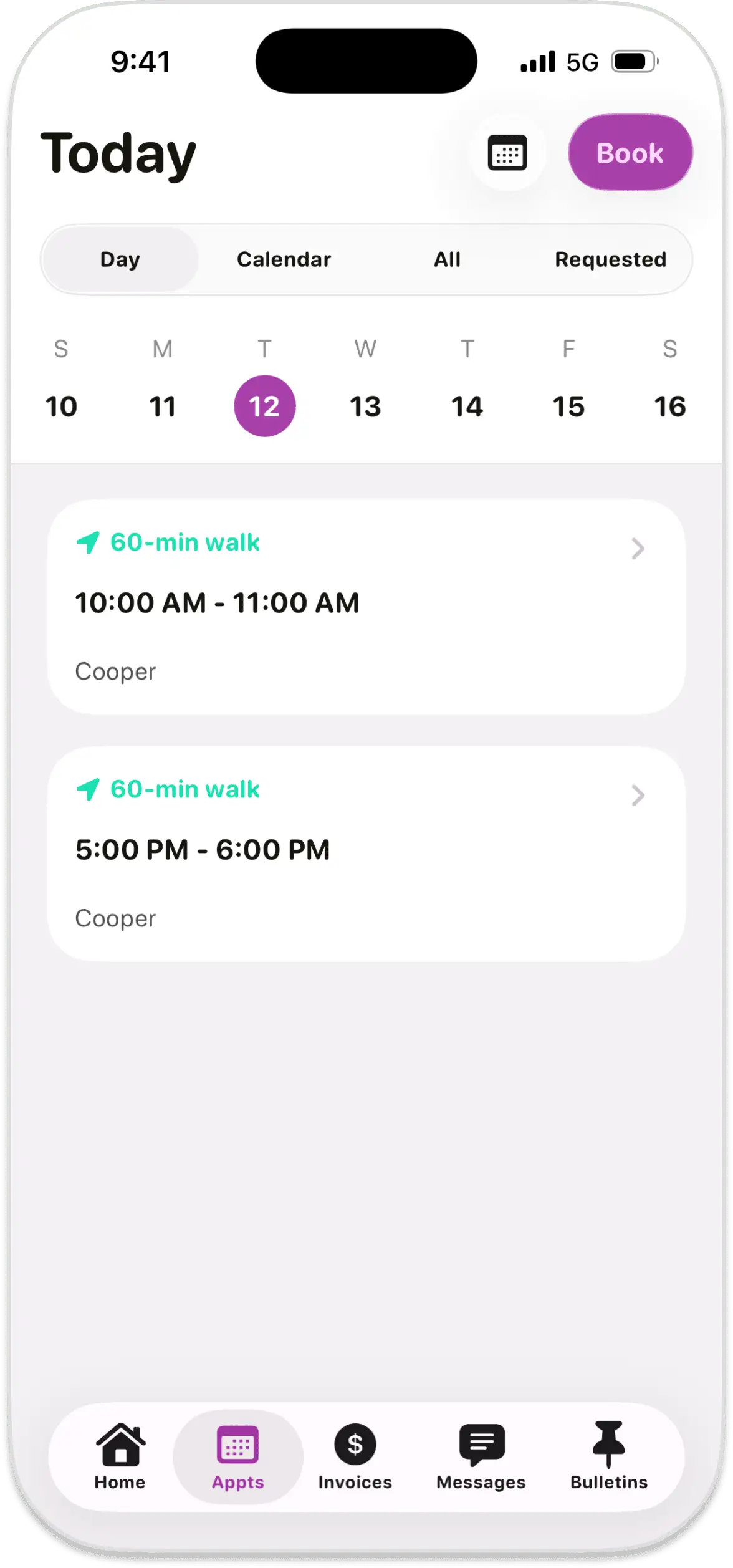 Official Walkies example of the Today appointment list with the Appts tab selected and the Book button at the top right.