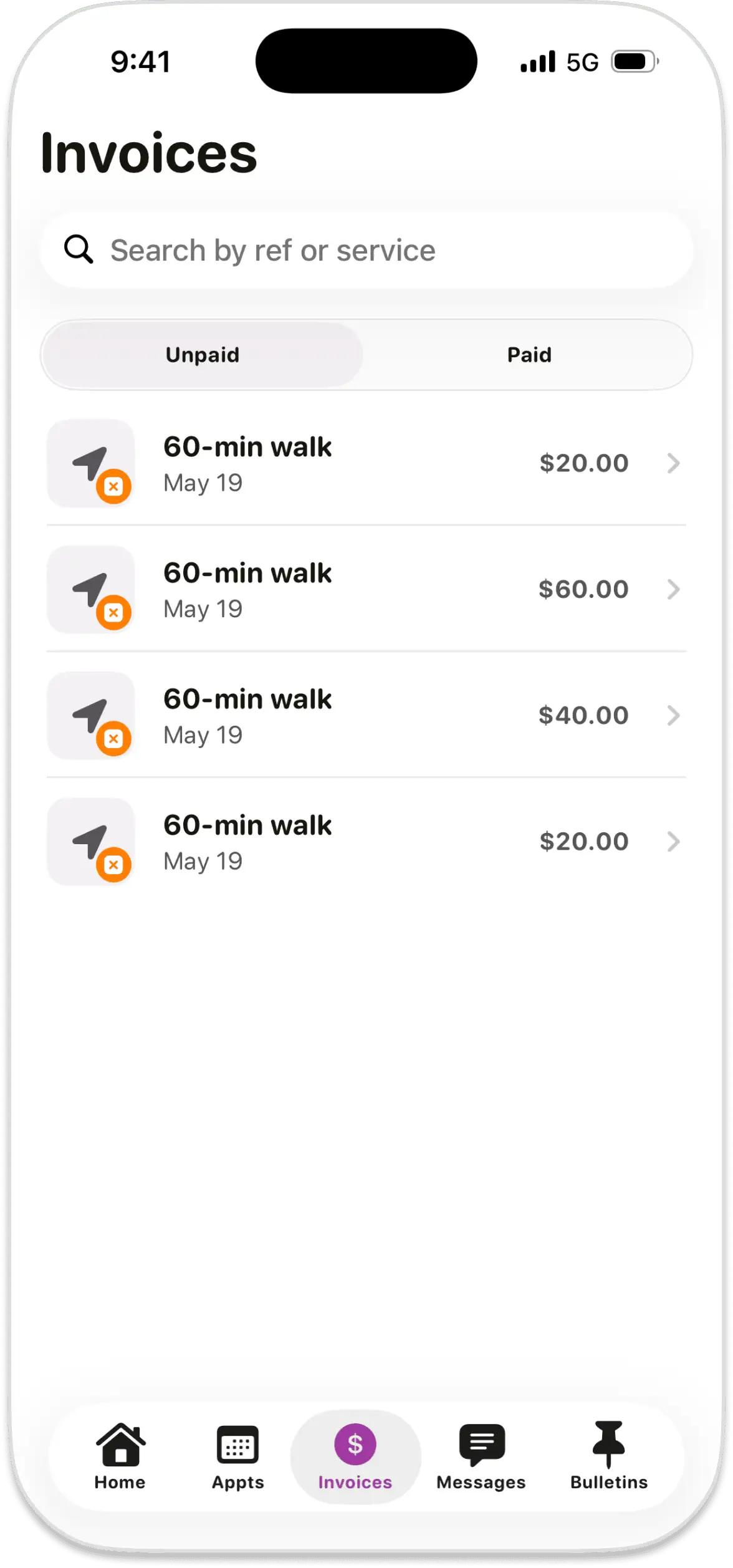 Official Walkies example of an invoice list with Unpaid and Paid tabs and sample dollar amounts.