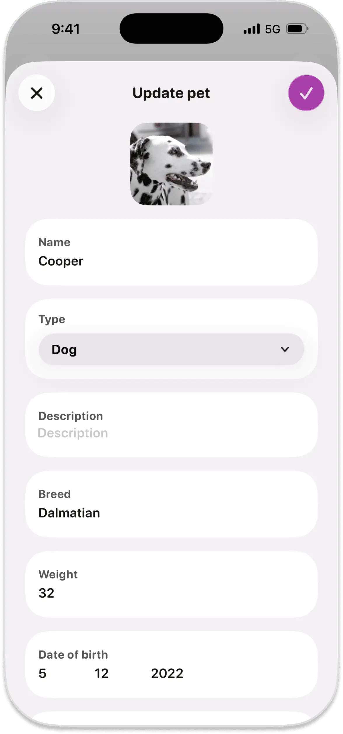 Official Walkies example of the Update pet form, showing an existing dog’s details and a save tick at the top right.